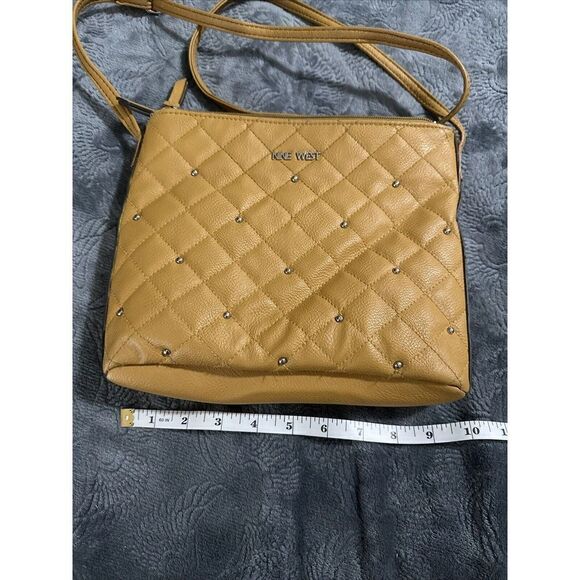 NINE WEST Mustard Brown Faux Leather Quilted Studded 3-Conpartment Crossbody Bag - Picture 9 of 10